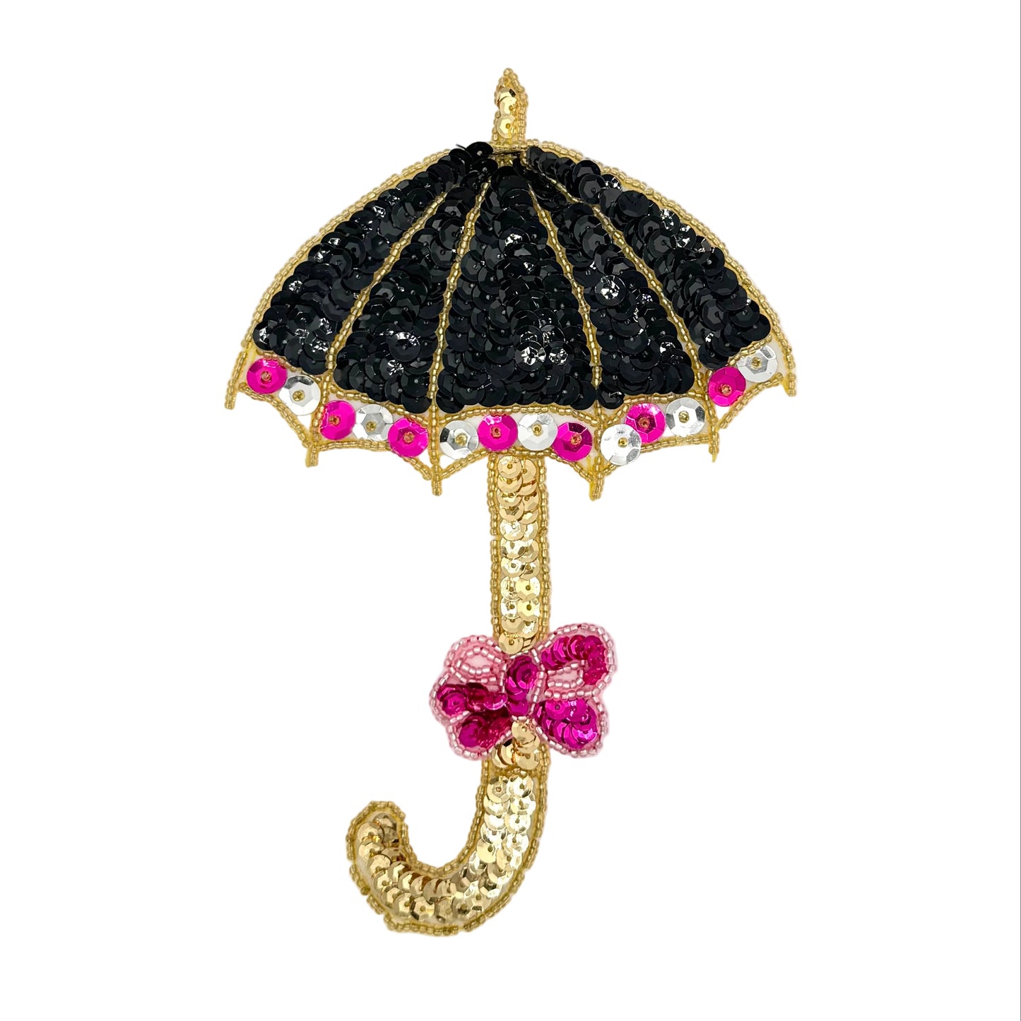 A decorative umbrella-shaped embellishment with a black sequined canopy, gold-tone trim and handle, and bright pink sequin and bead accents, shown on a plain light background.