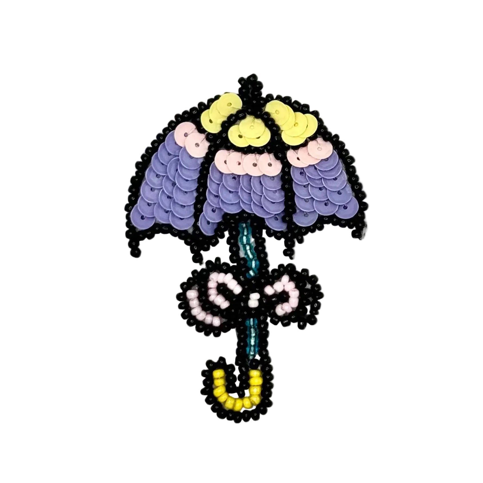 A handcrafted beaded umbrella applique featuring purple and lavender sequins yellow beads, pink details, and a teal stem, finished with black seed bead trim on a plain white background.