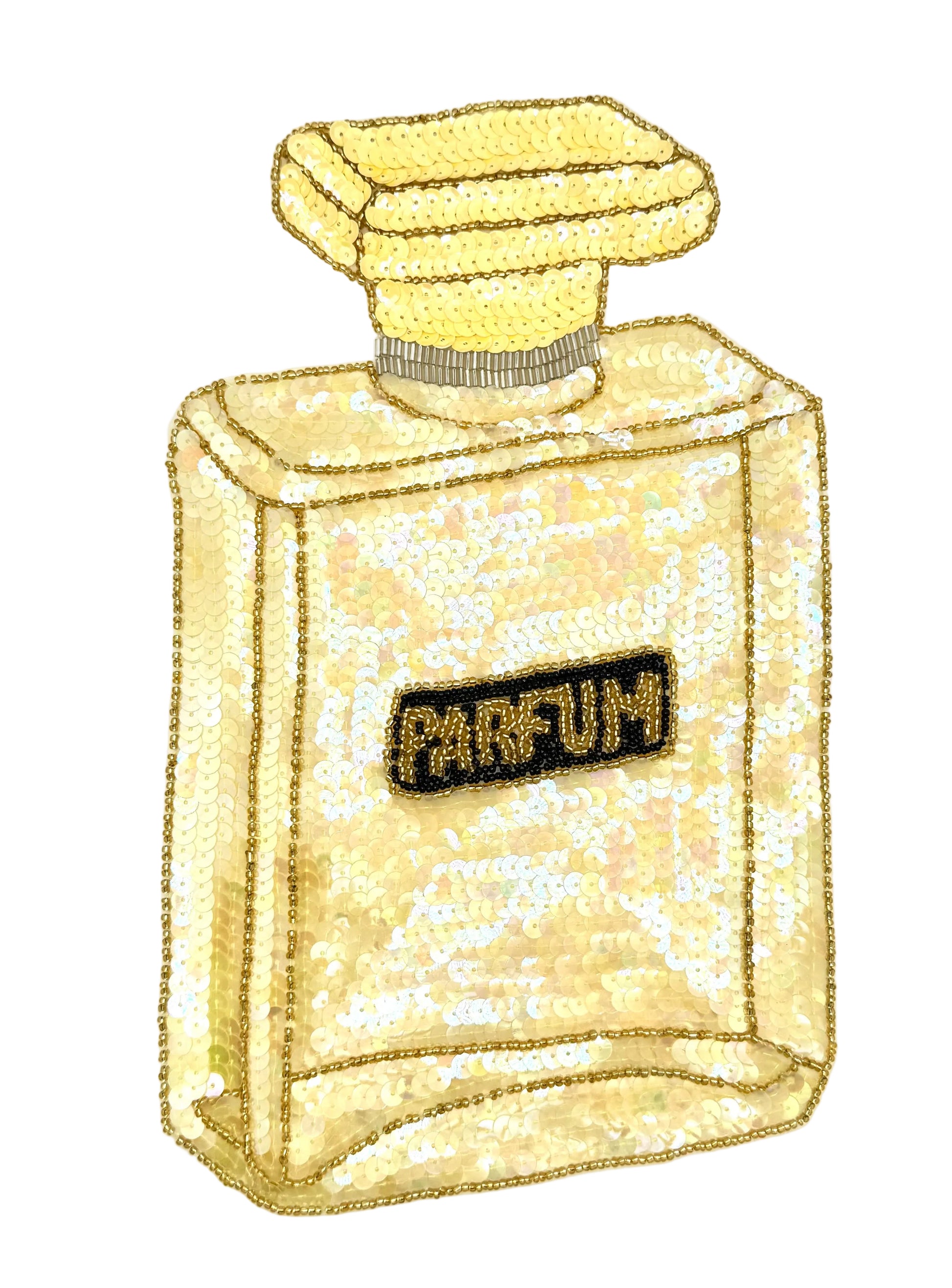A sequin perfume bottle with airiedescent yellow and yellow sequins, featuring a black label with the word 'PARFUM' in gold bead lettering, set against a plain white background.