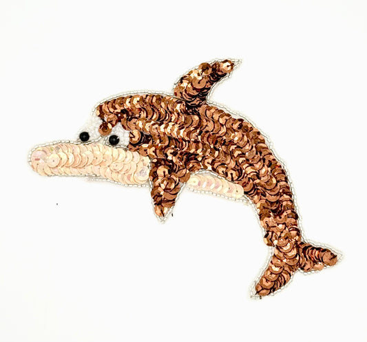 Dolphin with Bronze and Beige Sequins and Silver, White and Black Beads 6" x 3.75"