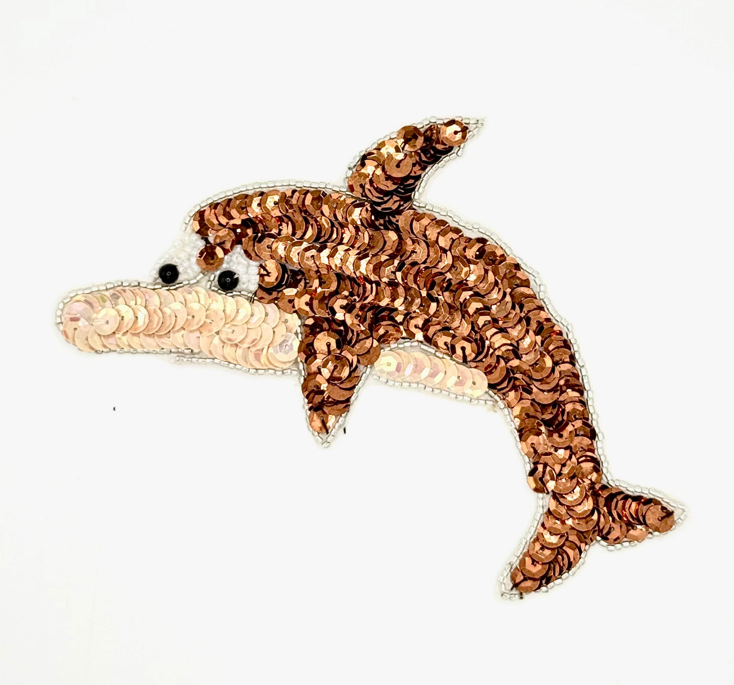 Dolphin Appliqué - Bronze/Beige Sequins - Silver/White/Black Beads 5.75" x 3.75"