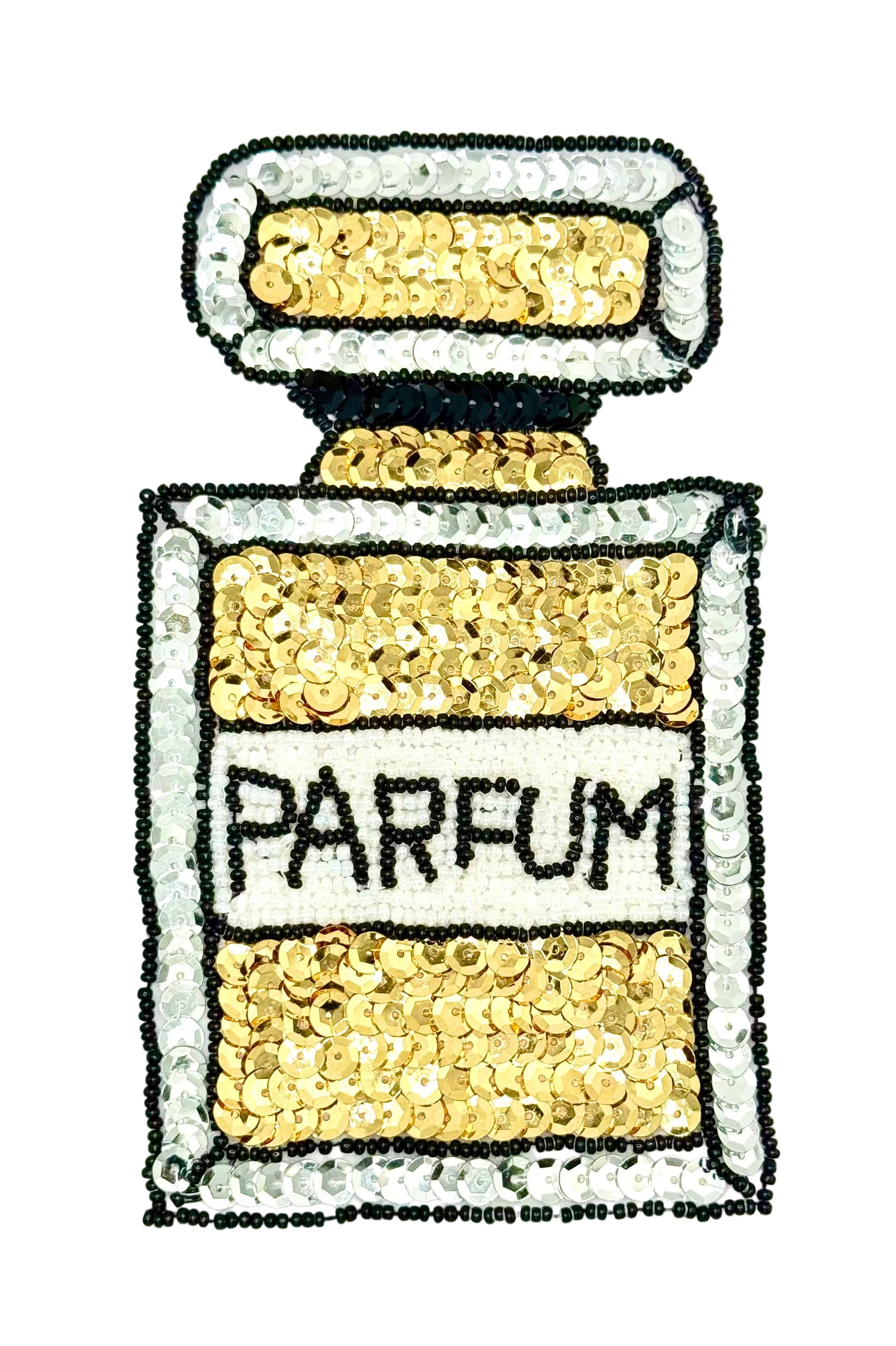 A perfume bottle illustration made from gold sequins and black outlines on a white background, with the word 'PARFUM' across the front.