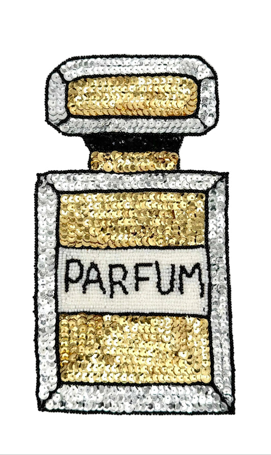An sequin patch shaped like a perfume bottle, featuring gold sequins for the liquid and label, a white sequin border, and black beaded outlines and text reading 'PARFUM'.