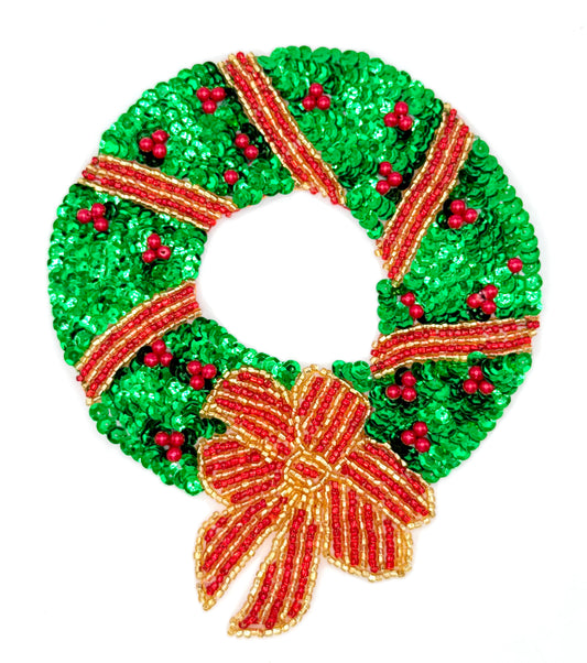 Wreath Medium Size Red Gold Green Sequins and Beads 7.5" x 6.75"