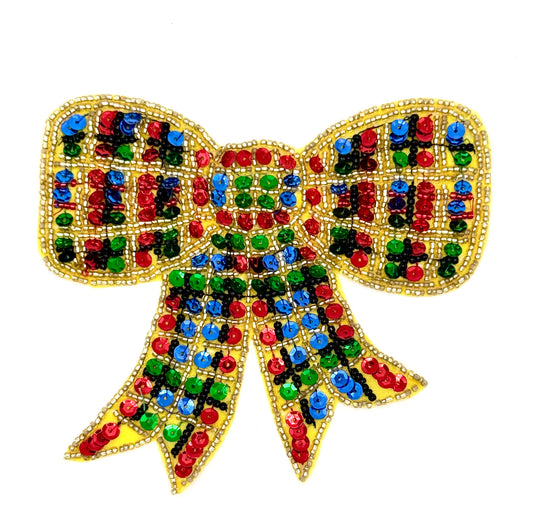 Multi-Color Plaid Bow Sequins and Beads 5" x 4.5"