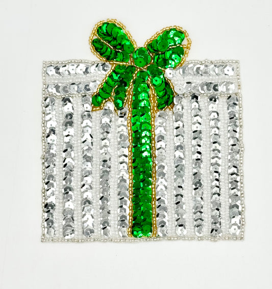 Large Christmas Present - Silver and Green Sequins 4.5"x 4.25"