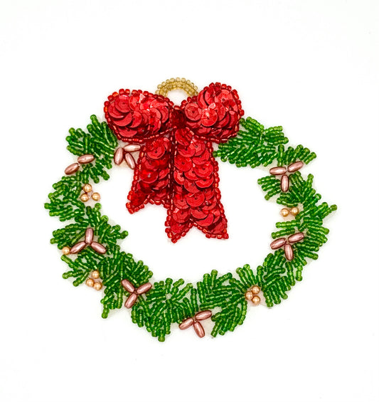 Wreath with Beads and Red Bow 3.75" x 3.5"