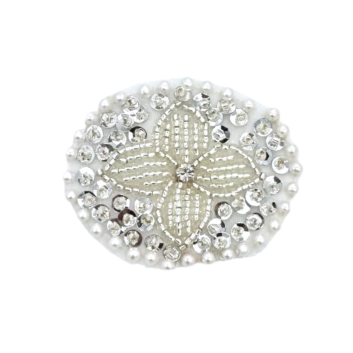 Oval Appliqué — Silver Beads, Sequins, Pearls & Rhinestones 2" x 1.5"