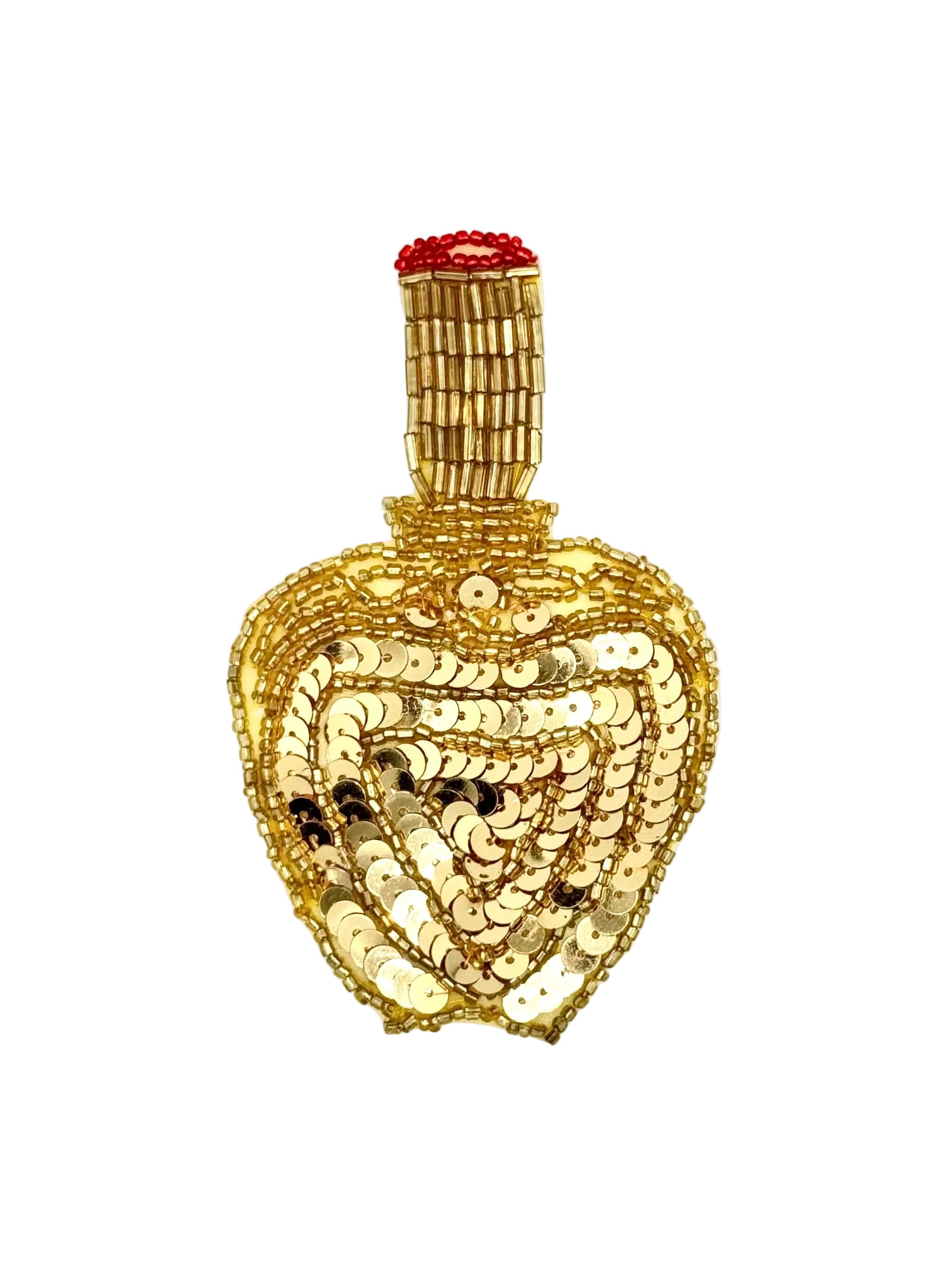 Sequin and bead perfume bottle appliqué with Gold Sequins and red and gold glass beads on a white background.
