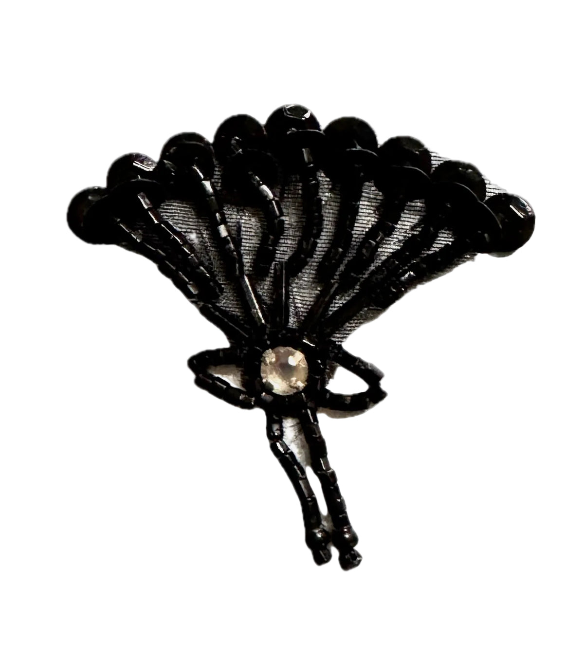 A black sequin fan appliqué with a central clear rhinestone, shown on a plain white background.
