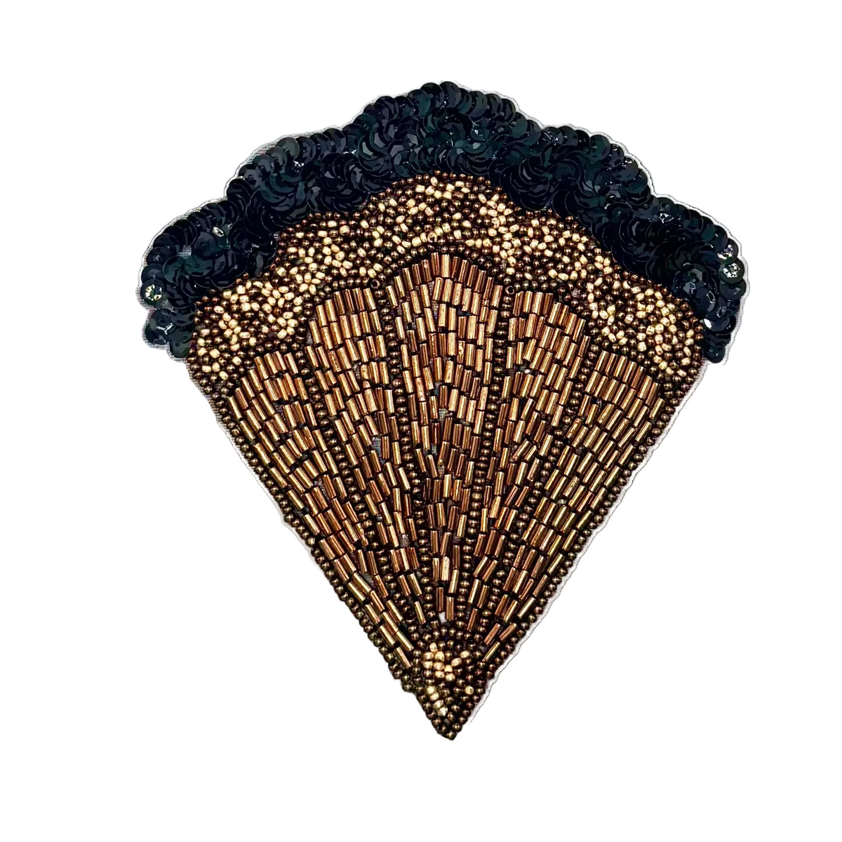 A large, elaborate scallop-shaped embellished , featuring intricate beadwork in shades of gold, bronze, and brown, with a dark teal sequined ruffled trim along the top edge, set against a plain white background