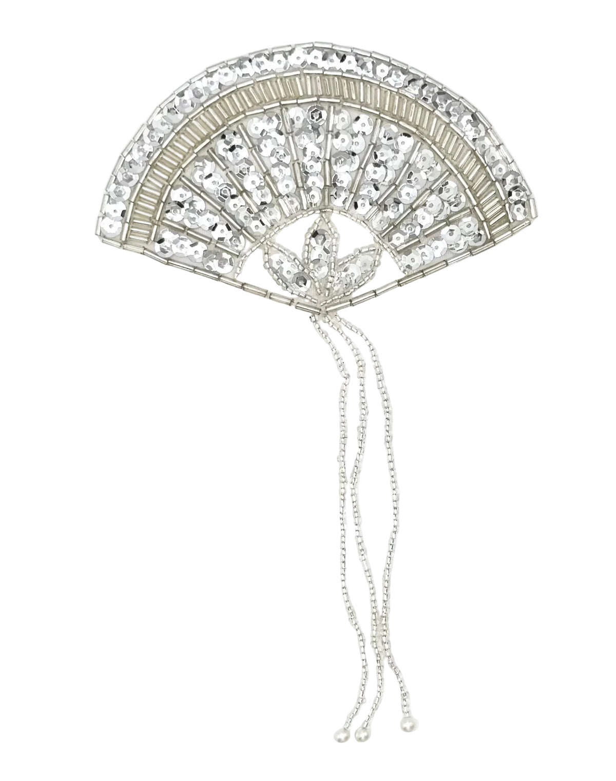 A sequin silver-toned fan-shaped embellished with silver glass beads featuring a decorative center motif and dangling chain tails, shown on a plain white background.