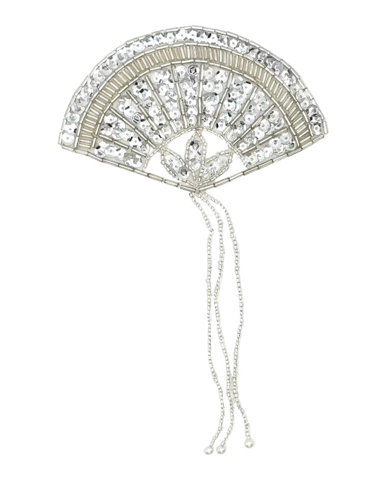 A sequin silver-toned fan-shaped embellished with silver glass beads featuring a decorative center motif and dangling chain tails, shown on a plain white background.