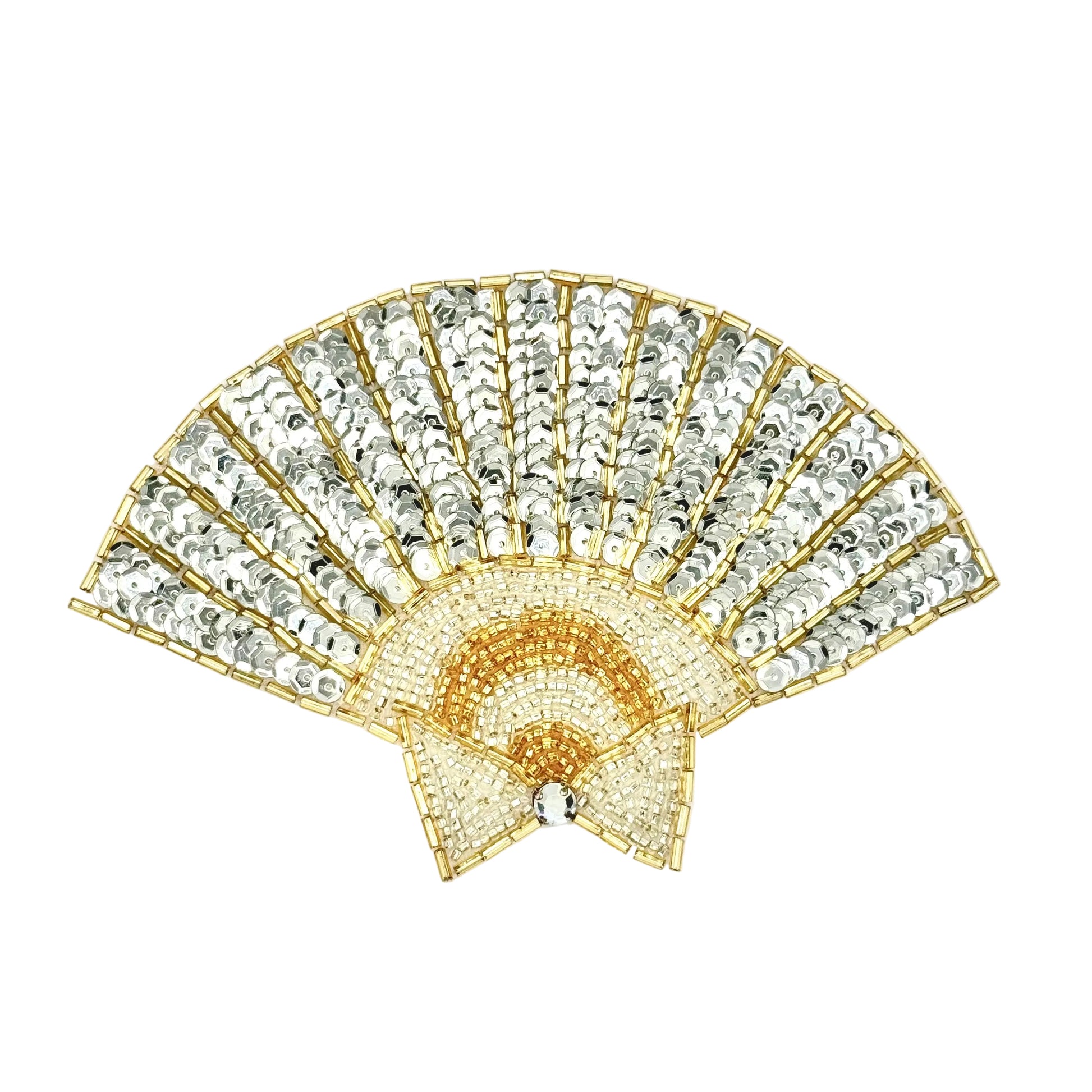 A gold and silver sequined fan-shaped embellishment with a small bow detail with a rhinestone at the center, shown on a plain white background.