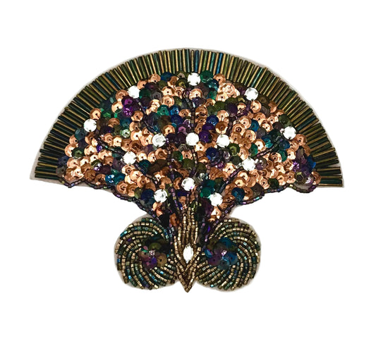 Sequin Fan Applique with Sequins and Beads and Rhinestones on a white background.