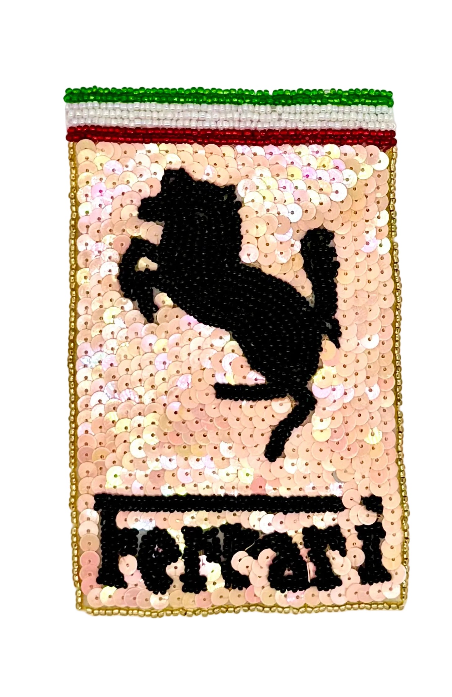 A rectangular Vintage Ferrari flag patch made of sequins, featuring the black Ferrari prancing horse logo and the word 'Ferrari' in black at the bottom, with green, white, and red stripes at the top and a gold beaded border.