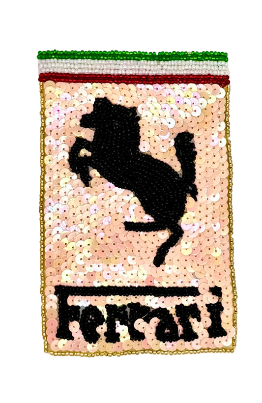 A rectangular Vintage Ferrari flag patch made of sequins, featuring the black Ferrari prancing horse logo and the word 'Ferrari' in black at the bottom, with green, white, and red stripes at the top and a gold beaded border.