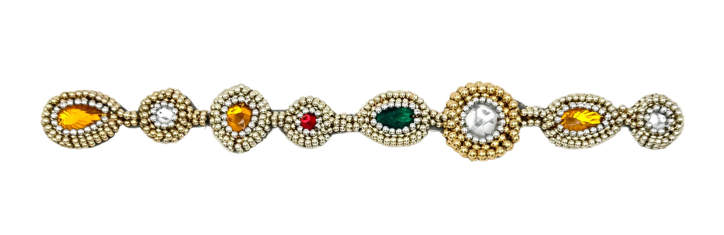 Beaded Accent Piece with Multicolored Gems - Silver and Gold Round Beads on a white background