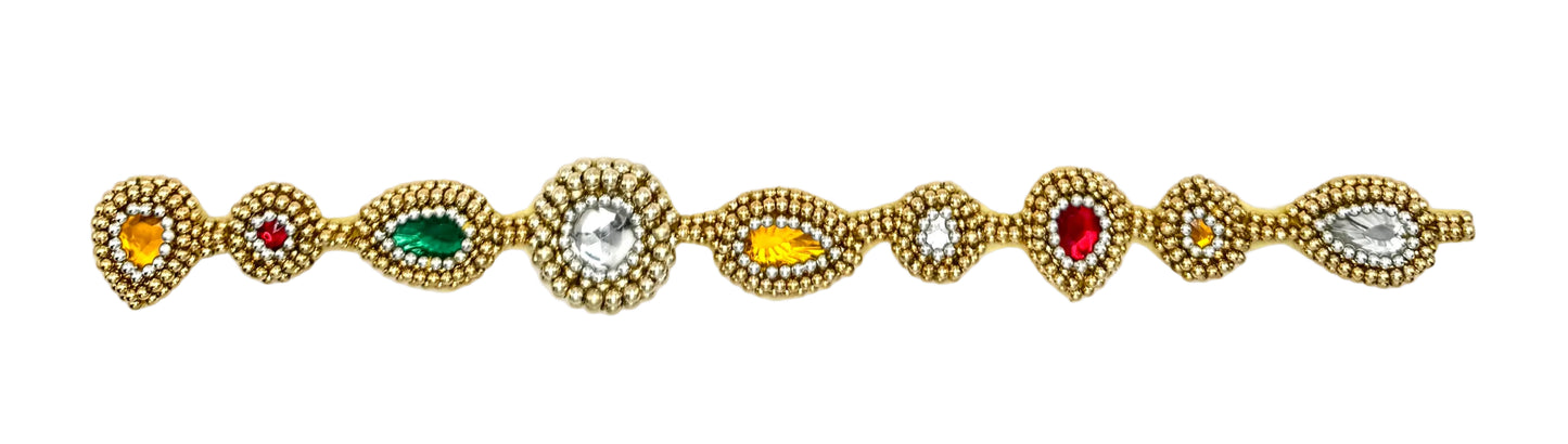 Beaded Accent Piece with Multicolored Gems - Silver and Gold Round Beads on a white background