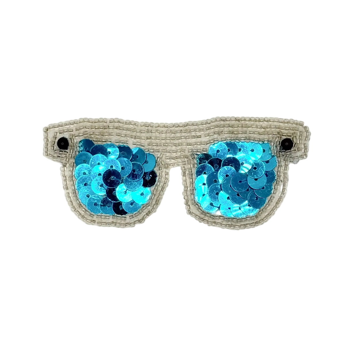 A pair of novelty sequin sunglasses patch with silver bead frames and turquoise sequin lenses, shown on a plain white background.