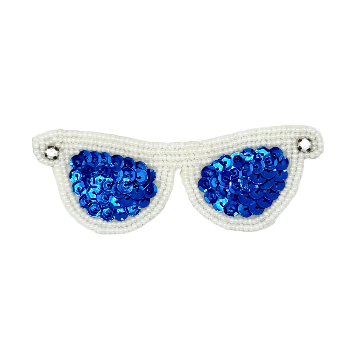 A pair of novelty sunglasses with bright blue sequined lenses and white beaded frames with rhinestones set against a plain white background.
