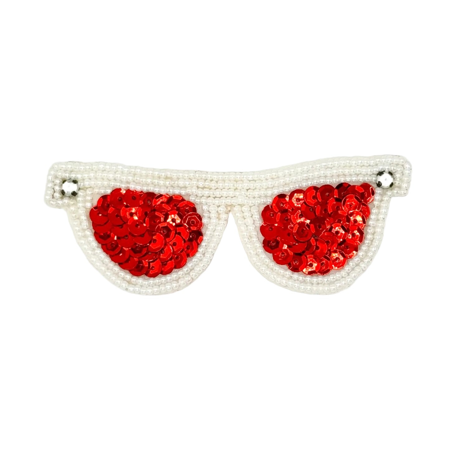 A pair of novelty sunglasses with red sequined lenses and white pearl-beaded frames with rhinestones, shown on a plain white background.