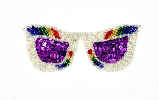 Rainbow Sunglasses Appliqué – Purple Sequins & Rainbow Glass Beads | 4.25" × 1.75"
