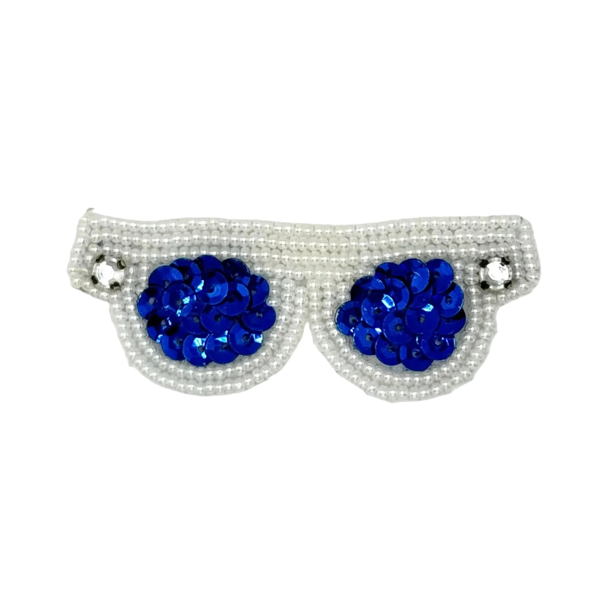 A pair of novelty sunglasses embellished with white faux pearls and vibrant blue sequins and rhinestones, set against a plain white background.