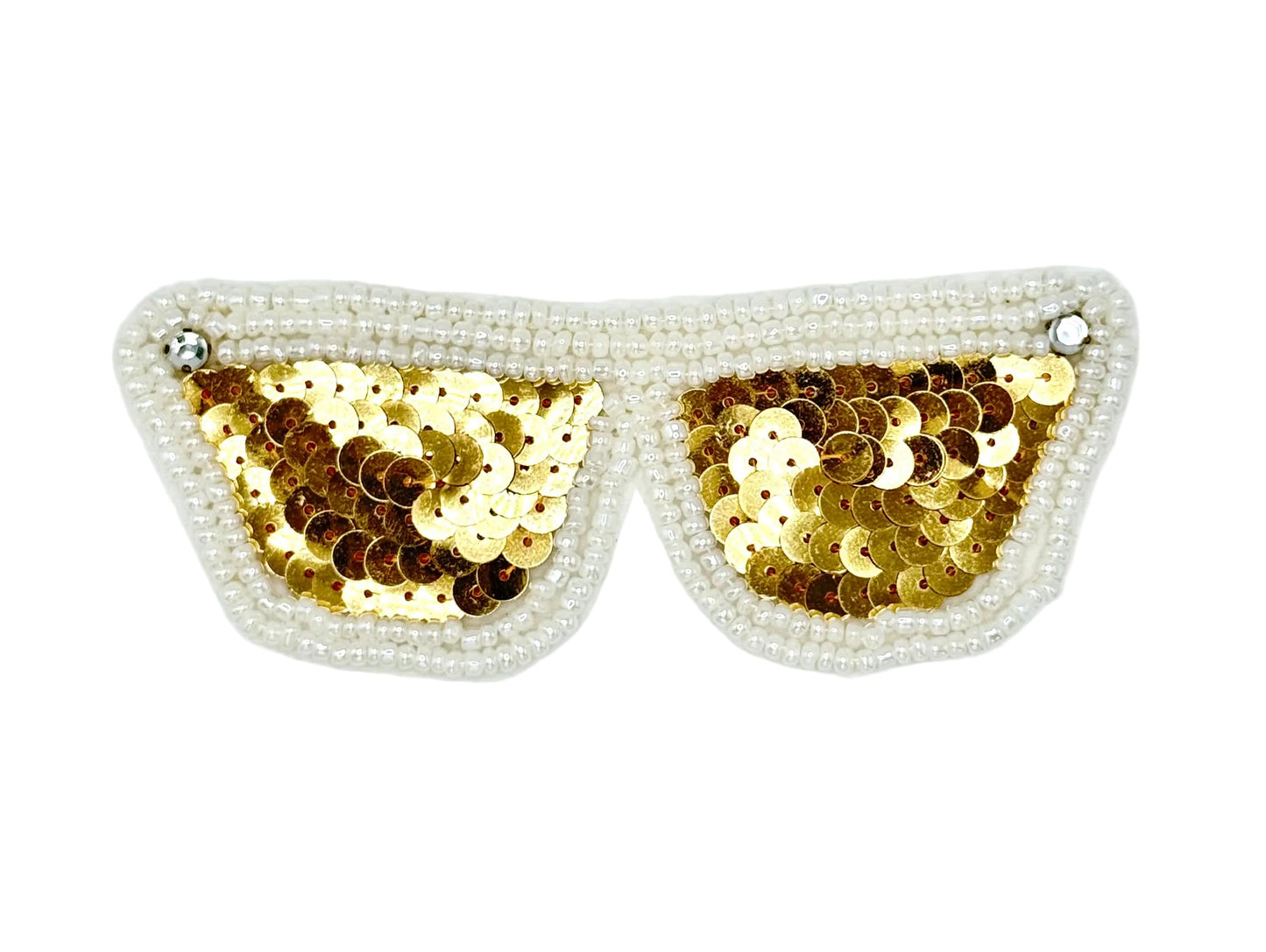 A pair of novelty cat-ear sunglasses with gold sequin lenses and white pearl trim with rhinestones, shown on a plain white background.