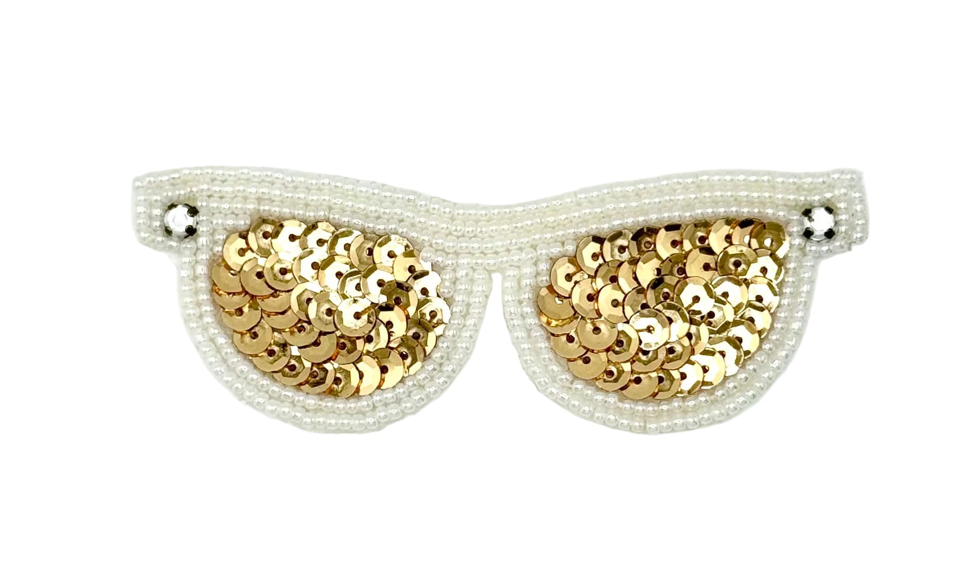 A pair of novelty cat-ear sunglasses with gold sequin lenses and white pearl trim with rhinestones, shown on a plain white background.