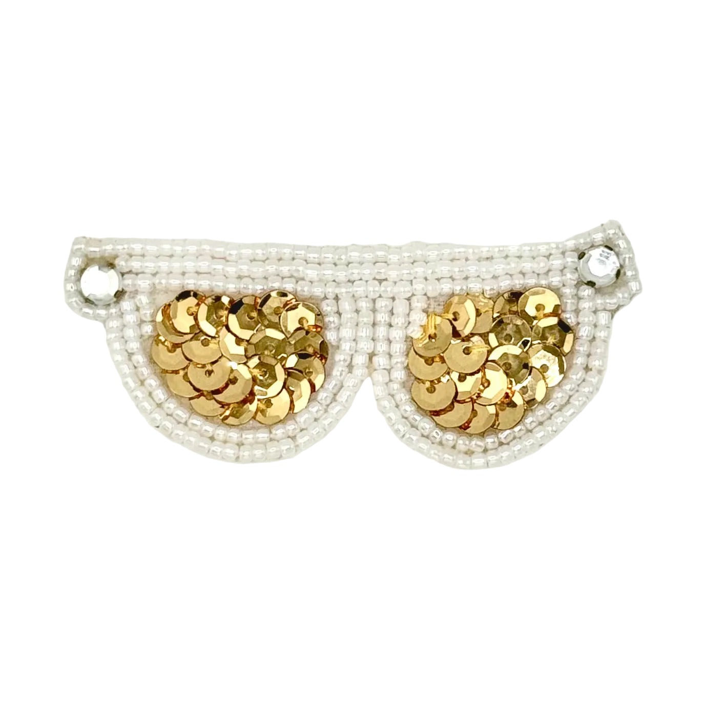 A pair of novelty cat-ear sunglasses with gold sequin lenses and white pearl trim with rhinestones, shown on a plain white background.