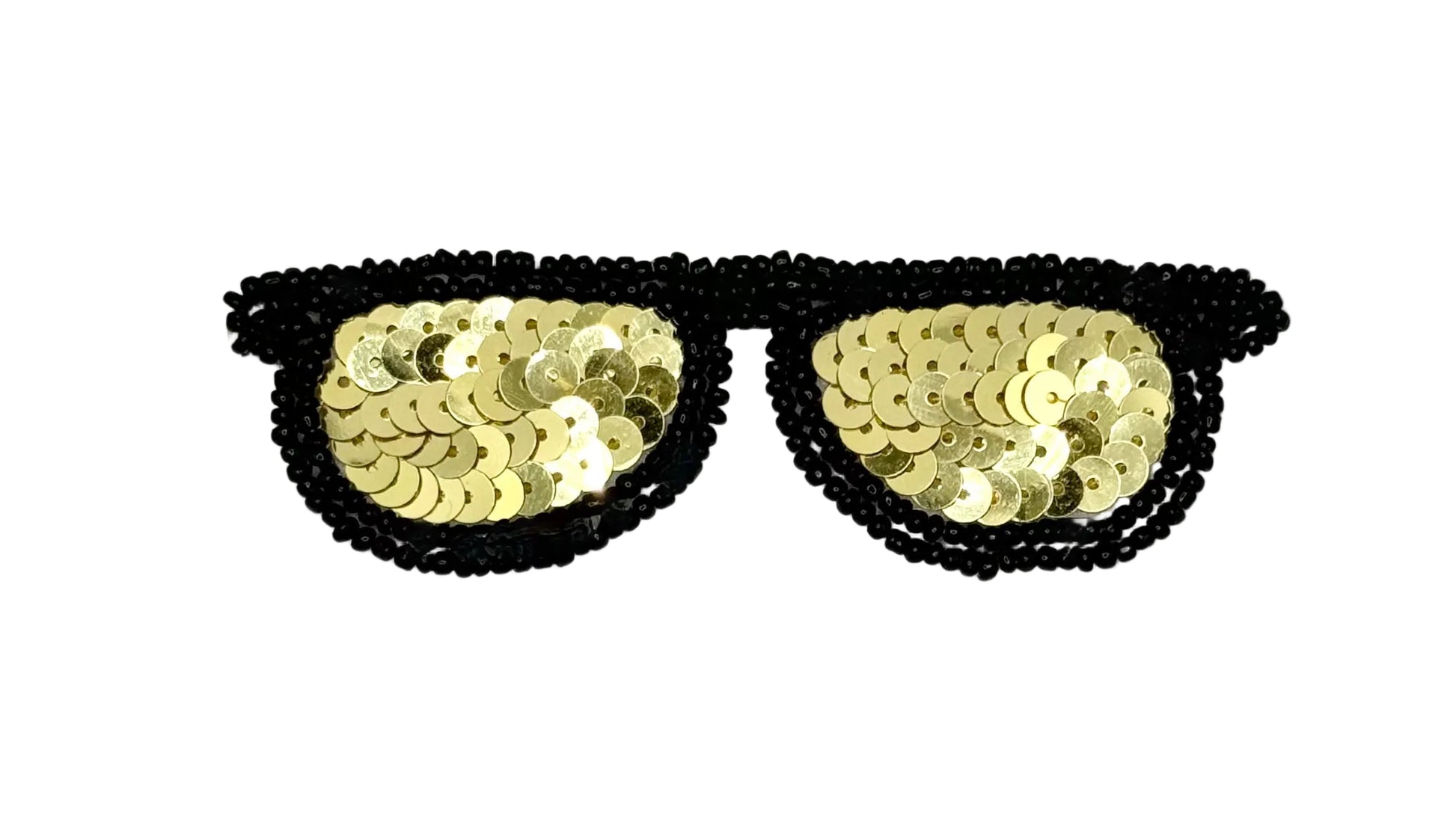 Black beaded sunglasses costume accessory with gold sequin lenses on a plain white background.