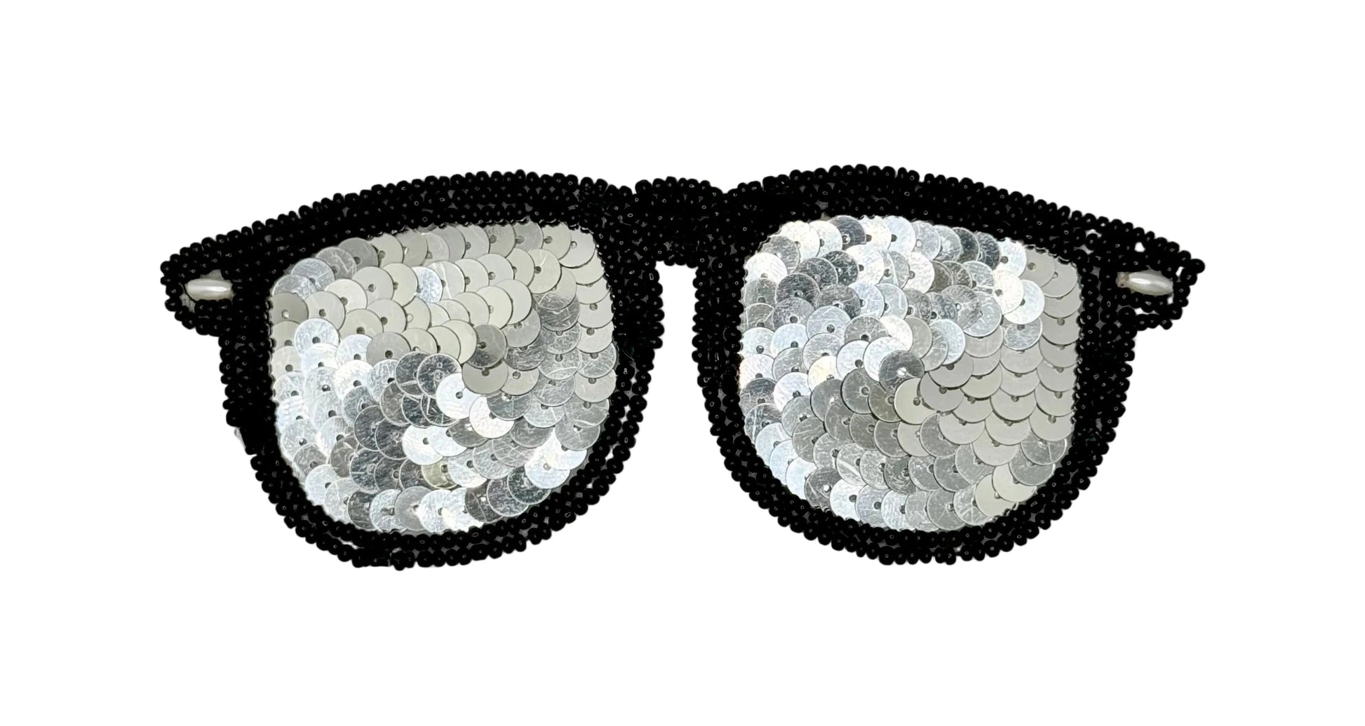 A pair of novelty sunglasses with black beaded frames and silver sequin lenses, displayed flat against a white background.