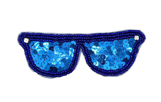 Blue sequined sunglasses patch with blue beaded borders and small rhinestone accents on a white background.
