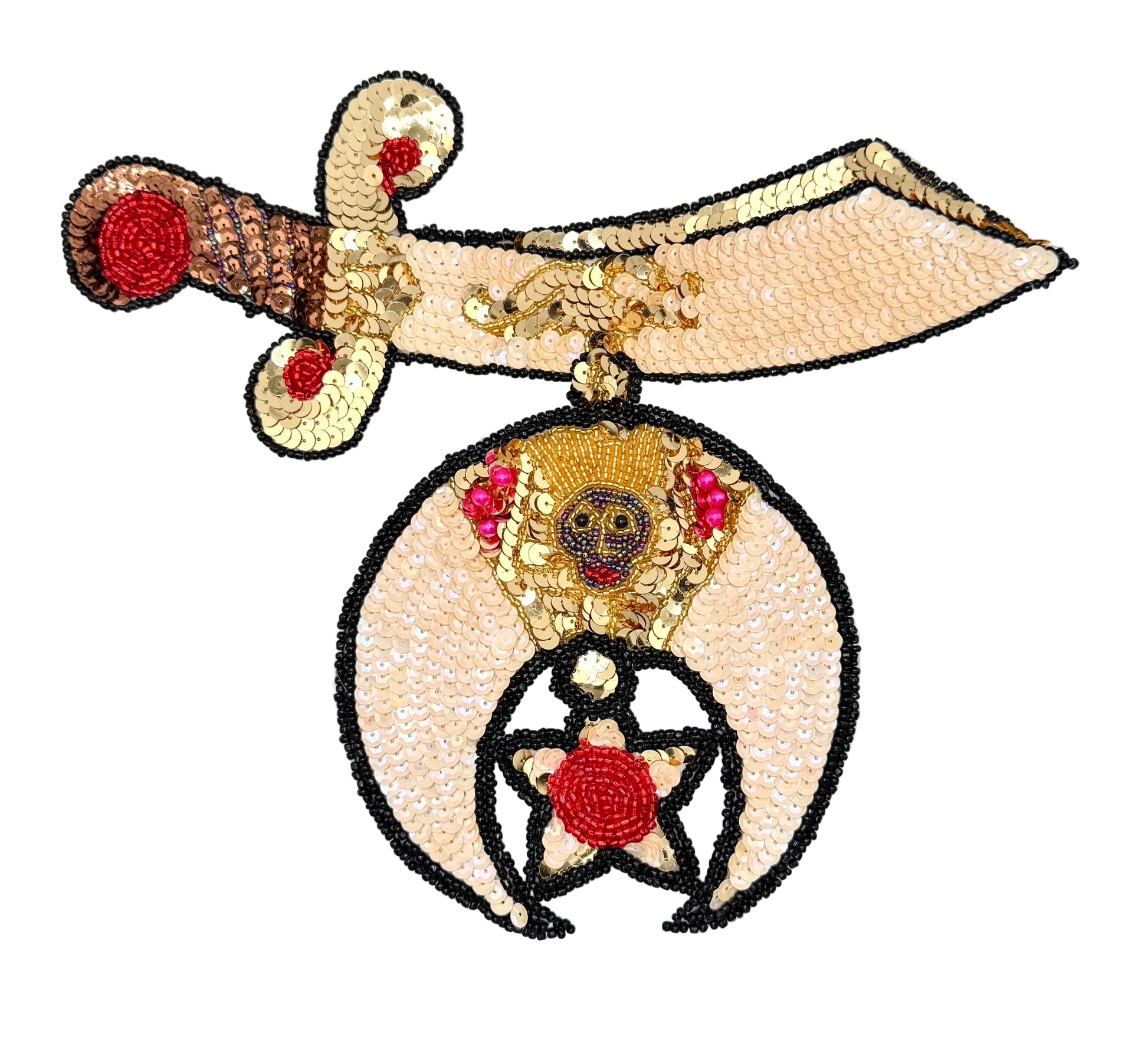 An ornate sequin patch featuring a curved sword motif with a crescent pendant below, decorated with gold sequins, black outlines, and red beaded accents on a white background.