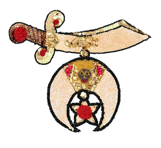 An ornate sequin patch featuring a curved sword motif with a crescent pendant below, decorated with gold sequins, black outlines, and red beaded accents on a white background.