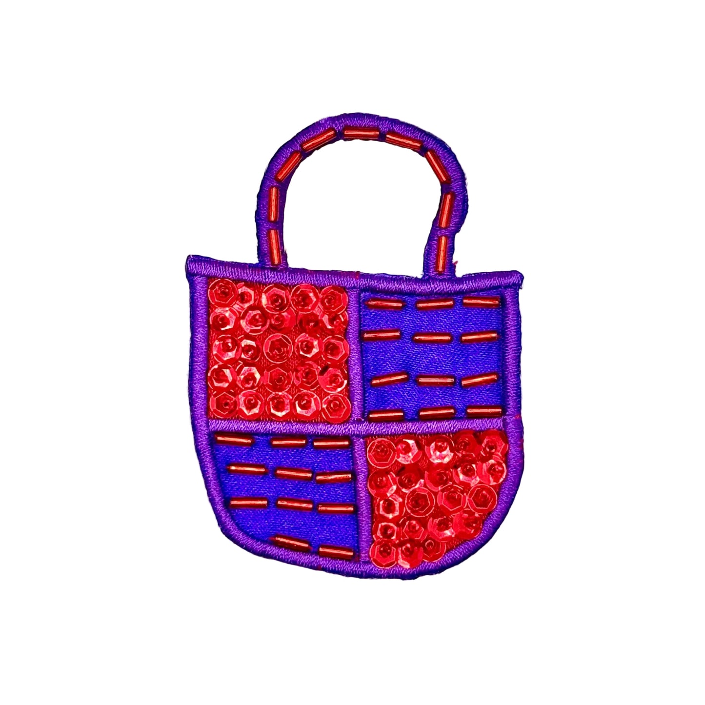 A small embroidered patch shaped like a handbag, featuring purple embroidered fabric with red sequins and red bead details, shown on a plain white background.