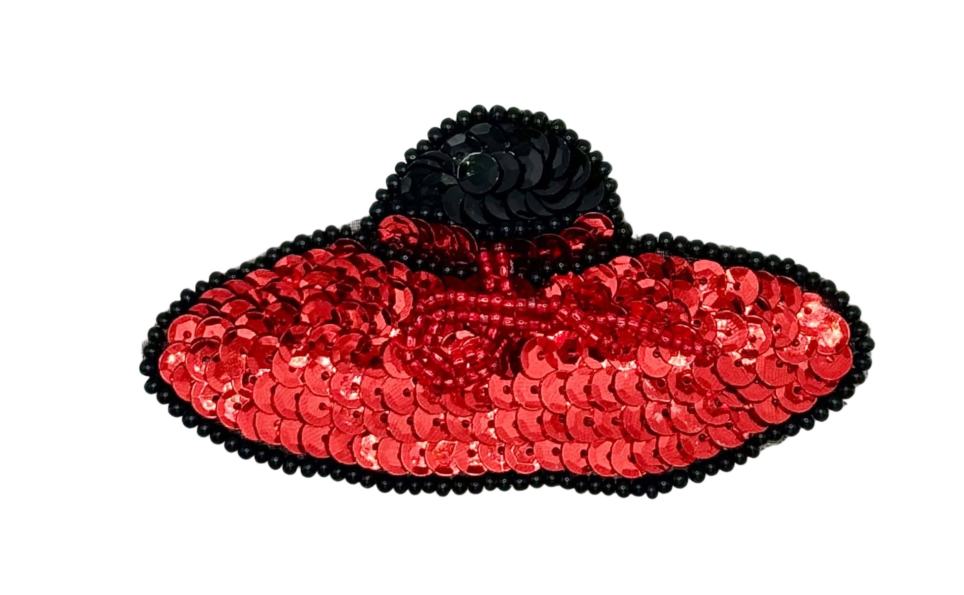 A sequined hat-shaped embellishment featuring a black top and crown with a large red sequin base, finished with a black beaded border, shown on a plain white background.