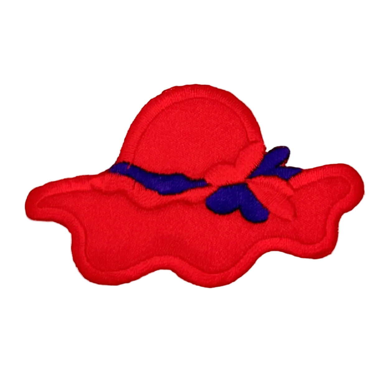 A red embroidered patch shaped like a wide-brimmed sun hat with a purple ribbon and bow detail, shown on a plain white background.
