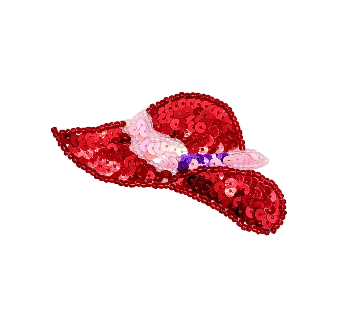 A red sequined hat embellishment with a light pink sequined bow at the center and a small purple accent, shown on a plain white background.