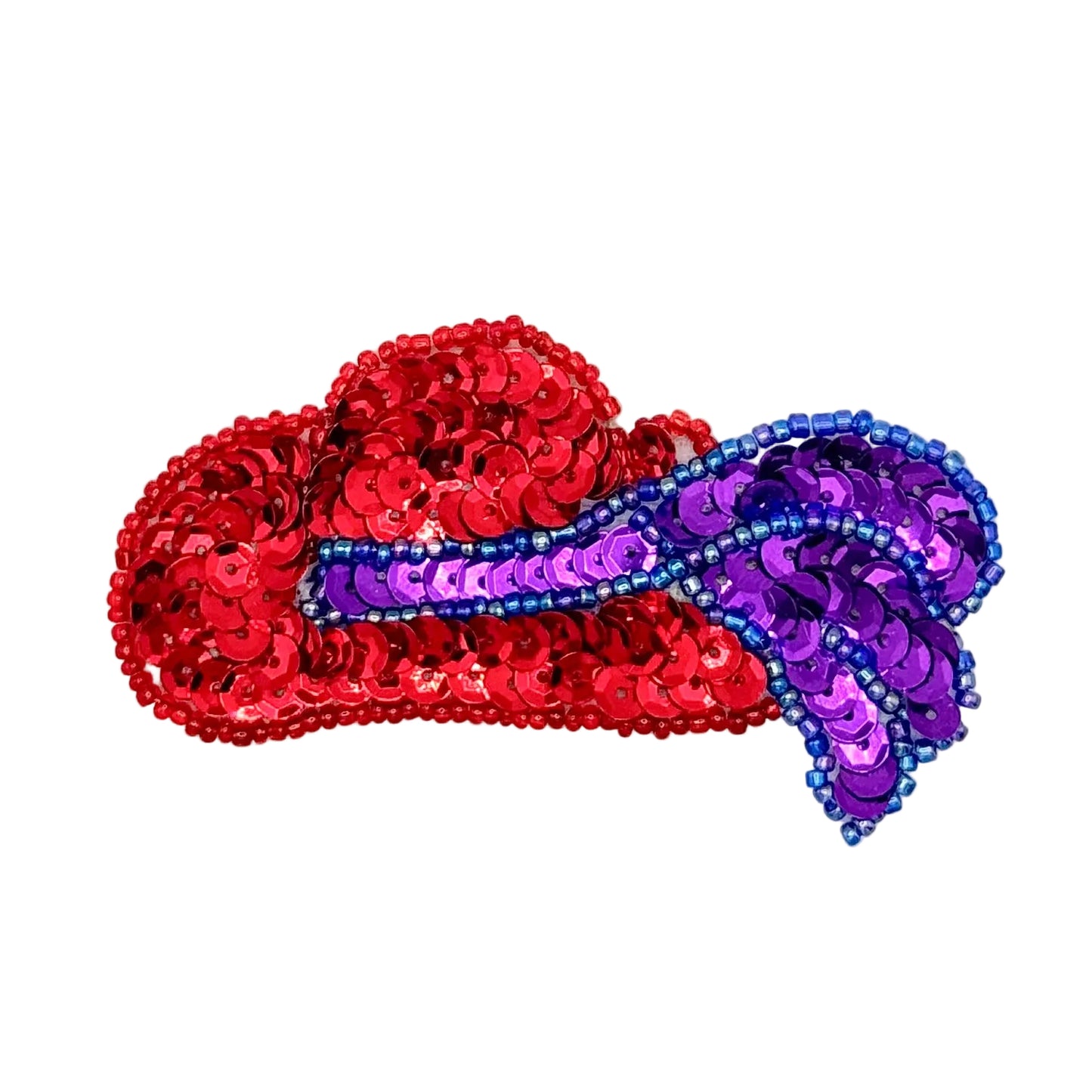 A hat-shaped sequin embellishment featuring a purple sequin ribbon on the right, separated by blue sequin beads, shown on a plain white background.