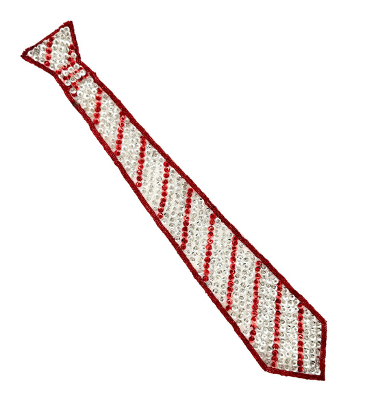 A red and white striped necktie patch with sequins and beads, shown diagonally on a plain white background.