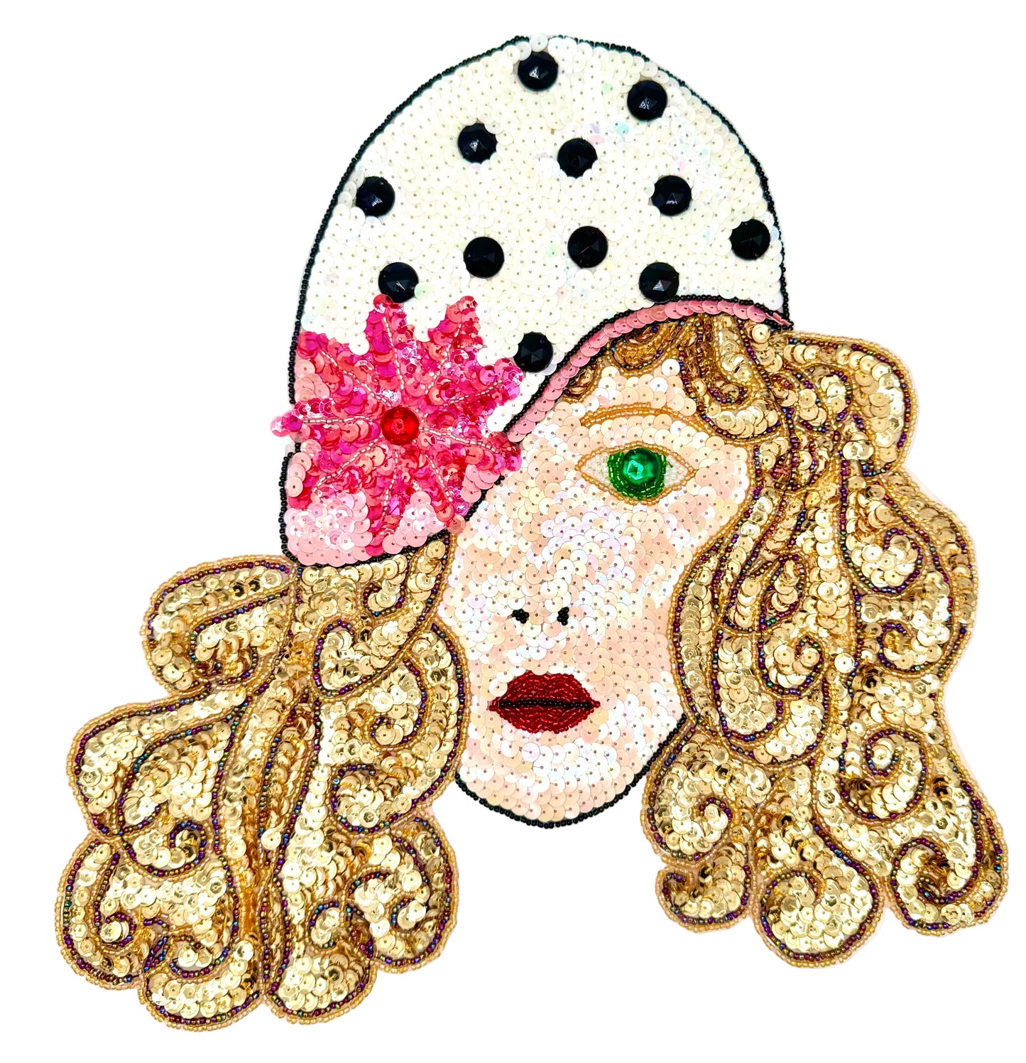 A stylized sequined portrait of a woman's face with curly blonde hair, a white hat with black polka dots, and a pink flower accent, shown on a plain white background.
