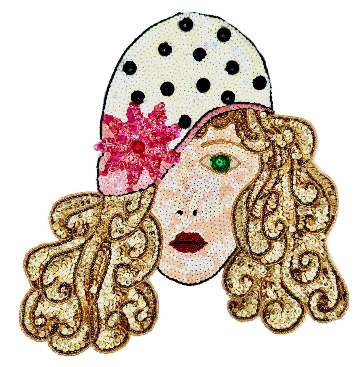 A stylized sequined portrait of a woman's face with curly blonde hair, a white hat with black polka dots, and a pink flower accent, shown on a plain white background.