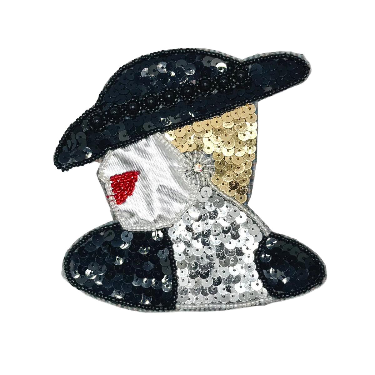 A sequined patch depicting a stylized woman in a black hat, with one side of her face in silver satin and the other in gold and silver sequins, featuring  red lips on the white side. Has an AB rhinestone and beaded earring.