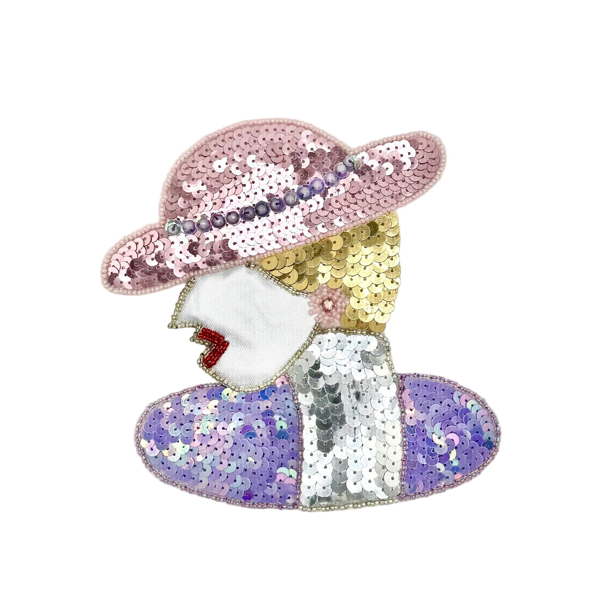 A stylized appliqué of a woman in profile, decorated with pink sequins in a hat, gold sequins in the hair, a white face area, red lips, and a lavender-and-silver sequined dress on a plain light background.