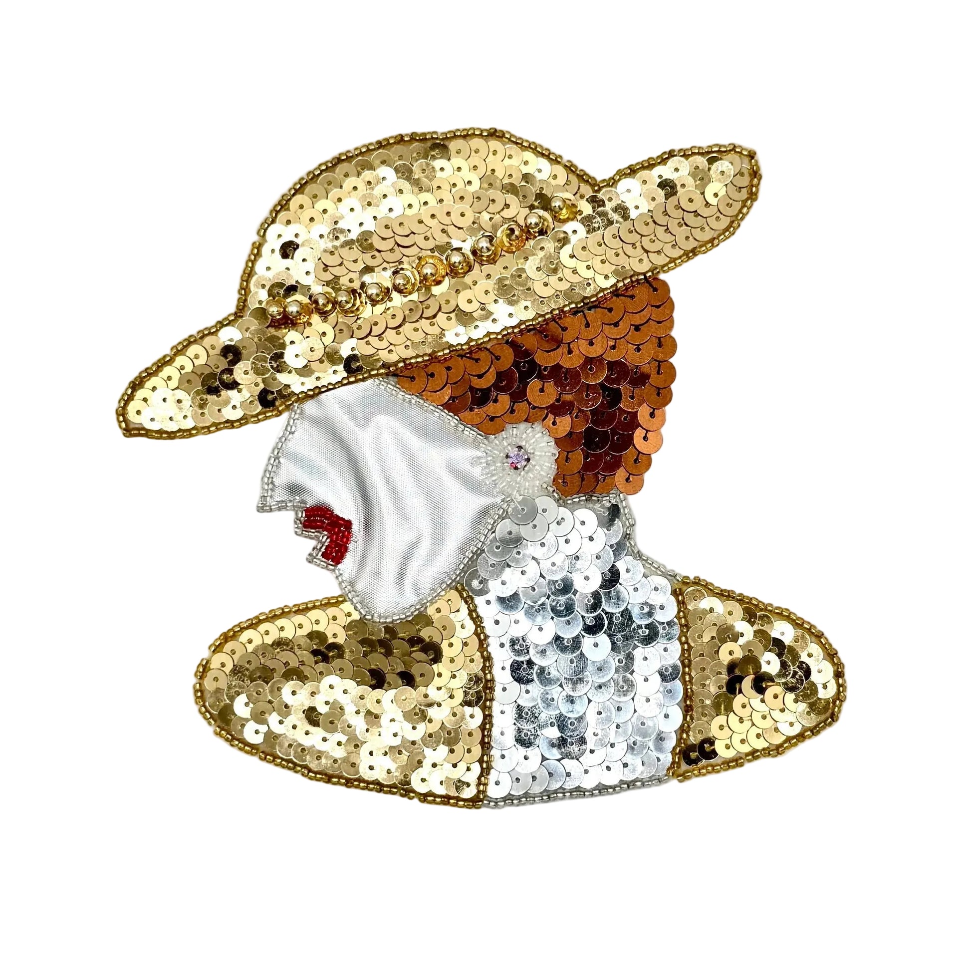 A sequined patch or applique depicting a woman in profile wearing a wide-brimmed hat, with gold, copper, white, and silver sequins on a white background.