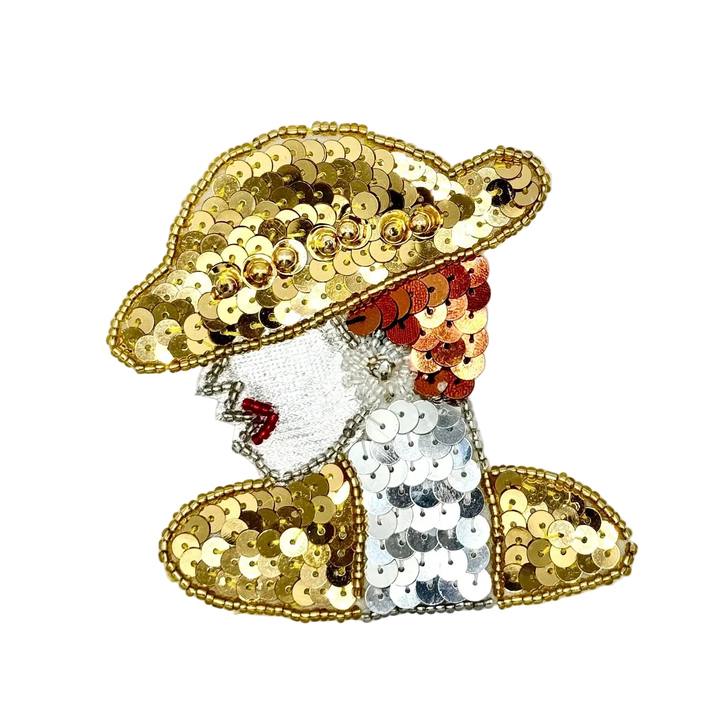 A sequined patch or applique depicting a woman in profile wearing a wide-brimmed hat, with gold, copper, white, and silver sequins on a white background.