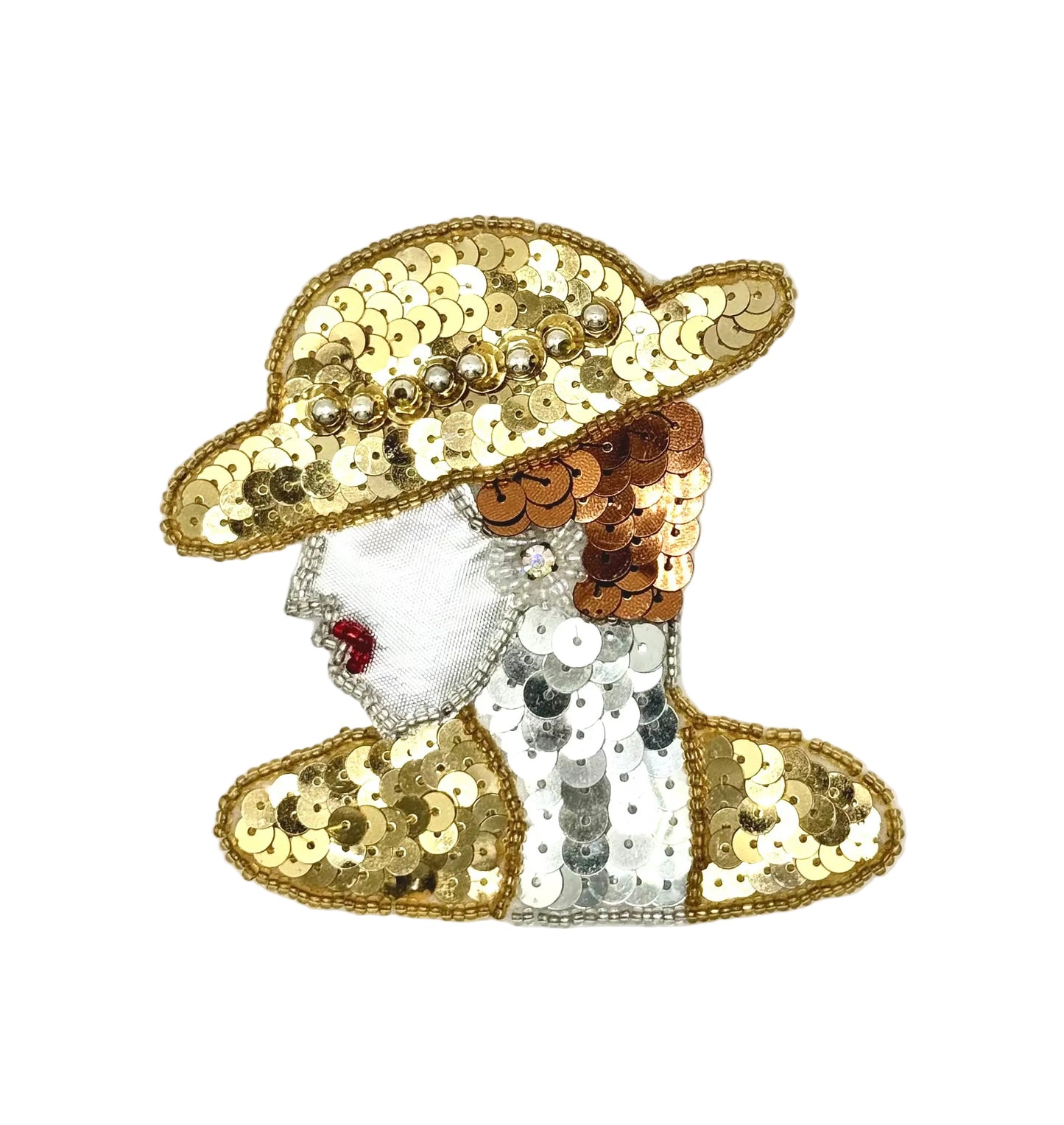 A sequined patch or applique depicting a woman in profile wearing a wide-brimmed hat, with gold, copper, white, and silver sequins on a white background.