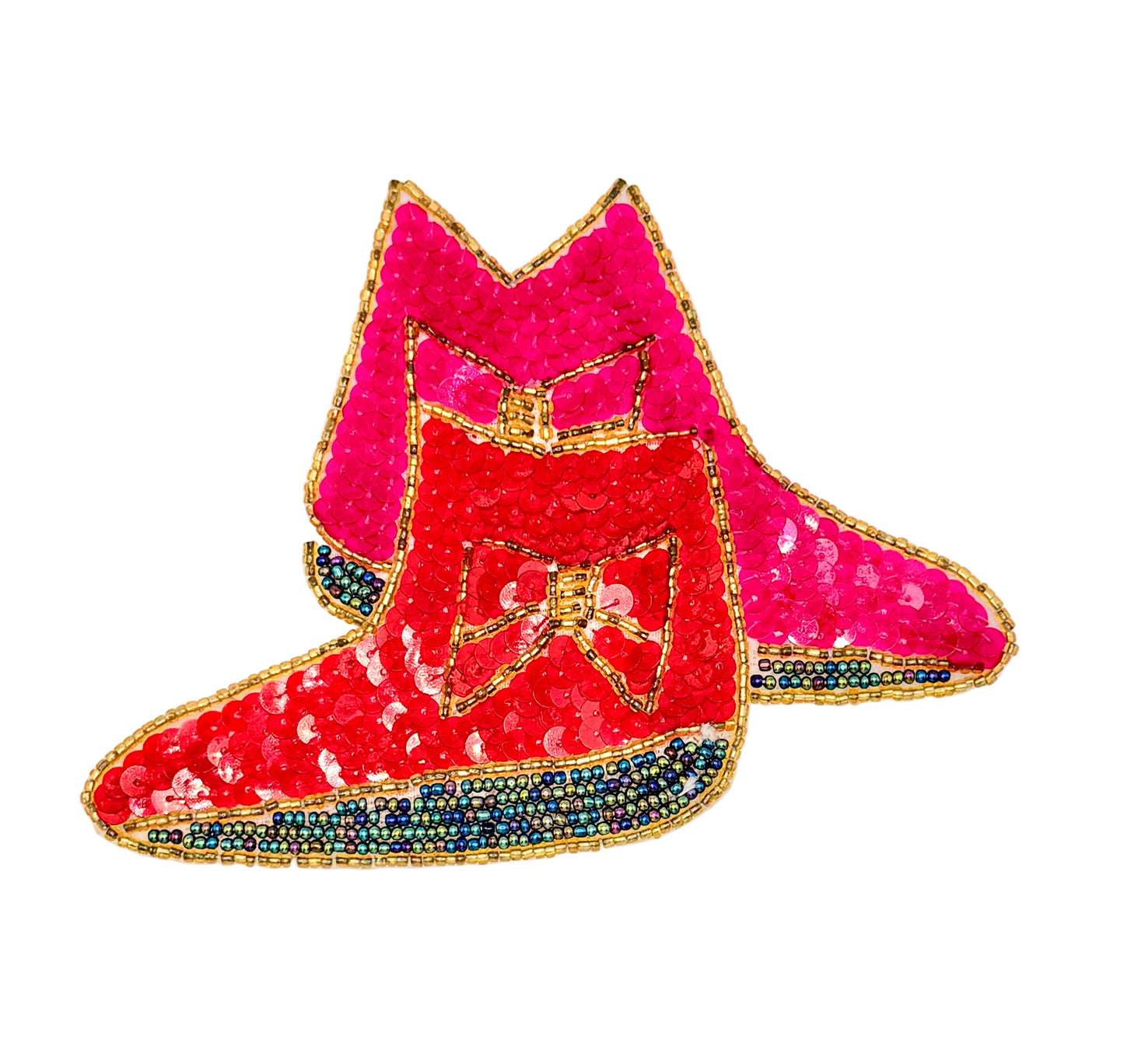 A pair of red and pink sequined boot embellishments with gold trim and blue iridescent beaded trim, shown on a plain white background.